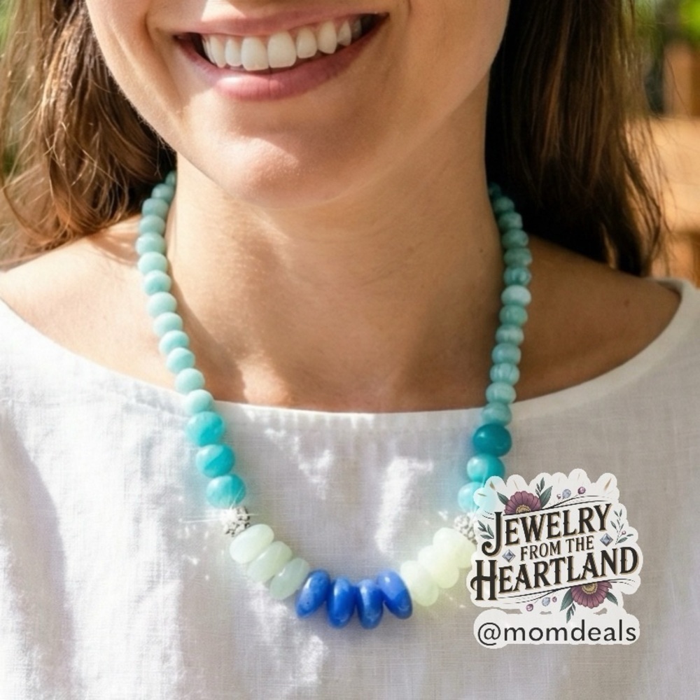 Vintage Graduated Bead Necklace Teal Green White Blue Acrylic Beads Rhinestones